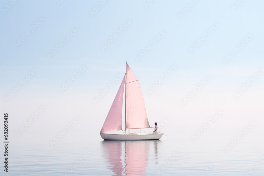 A lone sailor drifts in a sailboat with pastel sails on a tranquil sea, a metaphor for life's journey steered by stoic calm and reflection