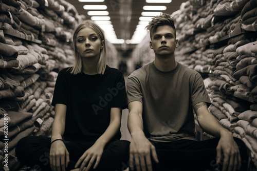 Two young individuals exude calm determination amidst an aisle of textiles, their monochrome attire accentuating a contemporary stoic philosophy