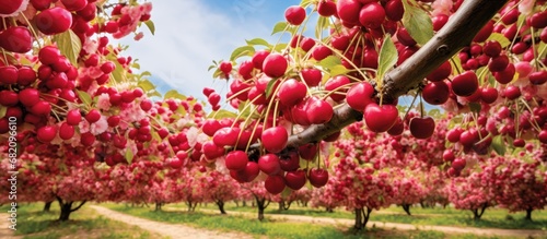 In the bountiful garden, amidst the vibrant colors of spring, a healthy cherry tree gracefully sways, its red fruit enticing as leaves drop to nourish the organic growth. The farm resonates with the photo