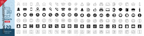 Contact Icon Set. Editable Stroke. Note, People, Thumbs Up, Laptop, Messages, Chat, Dairy, Business, Mobile, Email, Telephone, Location, Globe, Home, Address, Magnifying Glass and Many More.
