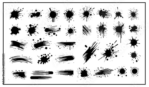 A collection of spots and stains. Black ink stains and dirt spots scattered with isolated drops and spots. Urban street style ink blots, dots or lines. Isolated vector illustration photo