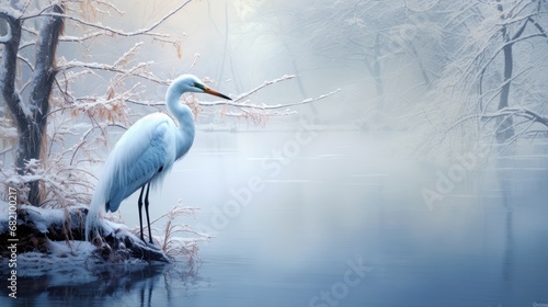 In the breathtaking white landscape of England, a beautiful bird perched gracefully beside the glistening river, its feathered portrait capturing the essence of nature's beauty and the piercing gaze photo