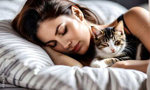 A pretty woman sleeping with a cute cat. Generative AI
