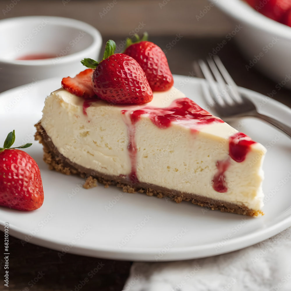 Sliced Gourmet Cheesecake with Fresh Strawberry Topping on Elegant White Plate, Perfect for Dessert Menu or Bakery Promotion, High-Quality Culinary Presentation Sliced Gourmet Cheesecake with Fresh Strawberry Topping on Elegant White Plate, Perfect for Dessert Menu or Bakery Promotion, High-Quality Culinary Presentation