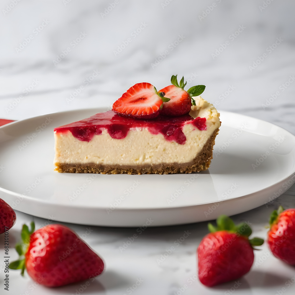 Sliced Gourmet Cheesecake with Fresh Strawberry Topping on Elegant White Plate, Perfect for Dessert Menu or Bakery Promotion, High-Quality Culinary Presentation Sliced Gourmet Cheesecake with Fresh Strawberry Topping on Elegant White Plate, Perfect for Dessert Menu or Bakery Promotion, High-Quality Culinary Presentation