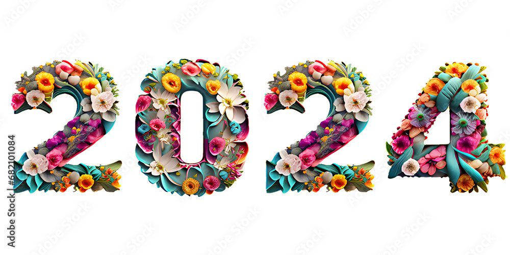 2024 New Year Symbol , 3D illustration , flower text effect isolated on transparent background , PNG file 2024 New Year Symbol , 3D illustration , flower text effect isolated on transparent background , PNG file
