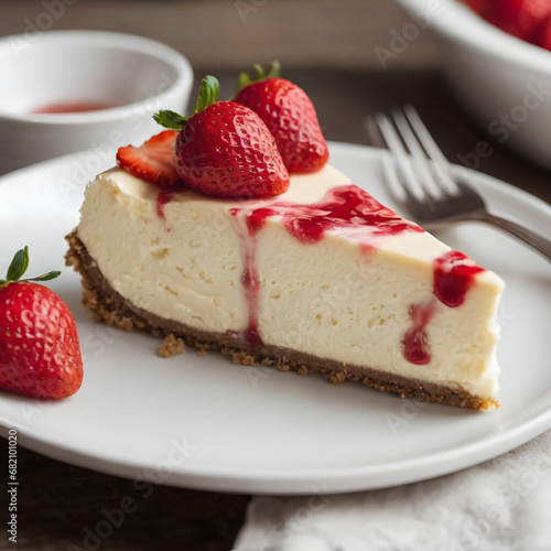 Sliced Gourmet Cheesecake with Fresh Strawberry Topping on Elegant White Plate  Perfect for Dessert Menu or Bakery Promotion  High-Quality Culinary Presentation