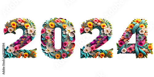 2024 New Year Symbol , 3D illustration , flower text effect isolated on transparent background , PNG file 