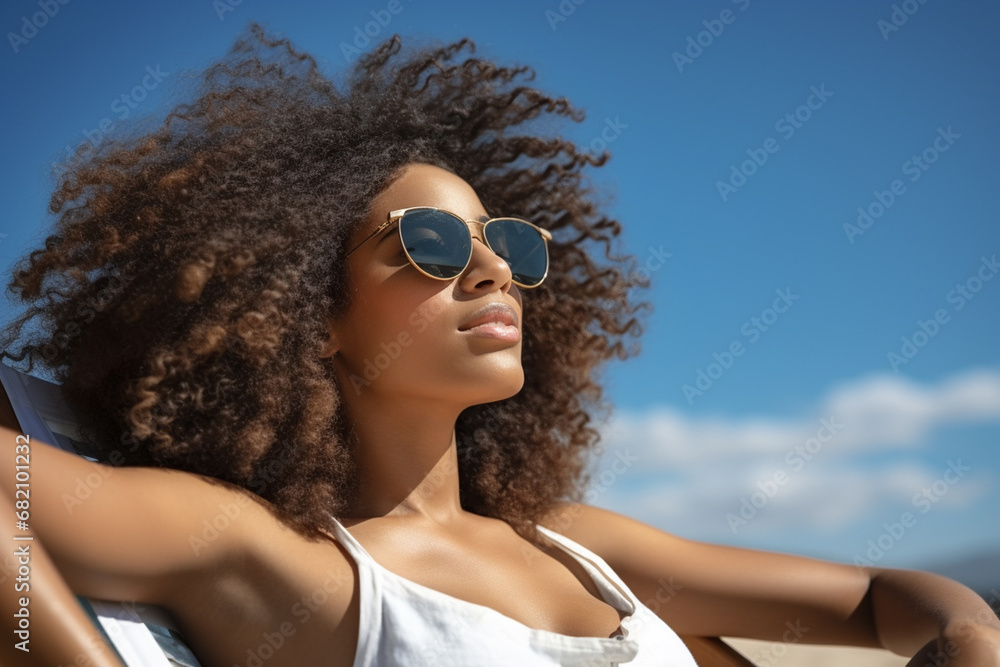 The portrait of a smiling young woman with an afro hairstyle and sunglasses is lying on a beach chair to sunbathe on a summer vacation day. Generative AI. The portrait of a smiling young woman with an afro hairstyle and sunglasses is lying on a beach chair to sunbathe on a summer vacation day. Generative AI.