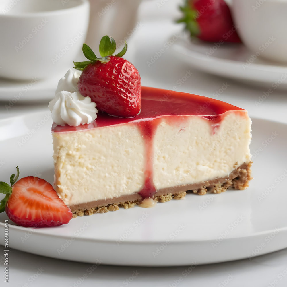 Sliced Gourmet Cheesecake with Fresh Strawberry Topping on Elegant White Plate, Perfect for Dessert Menu or Bakery Promotion, High-Quality Culinary Presentation Sliced Gourmet Cheesecake with Fresh Strawberry Topping on Elegant White Plate, Perfect for Dessert Menu or Bakery Promotion, High-Quality Culinary Presentation