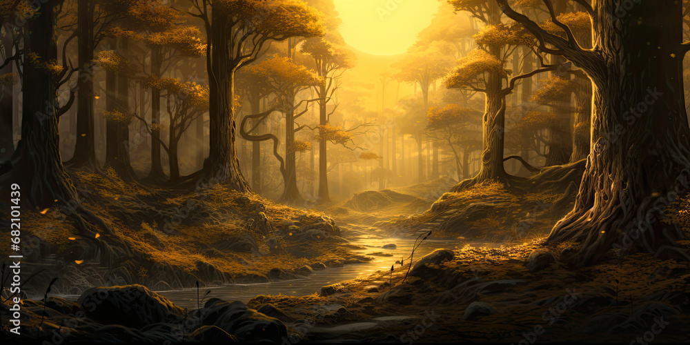 Anime cartoon style forest woodland background illustration trees graphic resource wide backdrop, generated ai