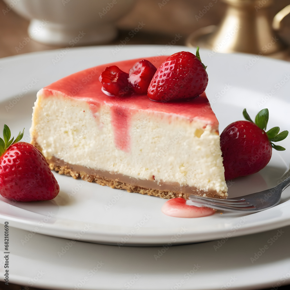Sliced Gourmet Cheesecake with Fresh Strawberry Topping on Elegant White Plate, Perfect for Dessert Menu or Bakery Promotion, High-Quality Culinary Presentation Sliced Gourmet Cheesecake with Fresh Strawberry Topping on Elegant White Plate, Perfect for Dessert Menu or Bakery Promotion, High-Quality Culinary Presentation