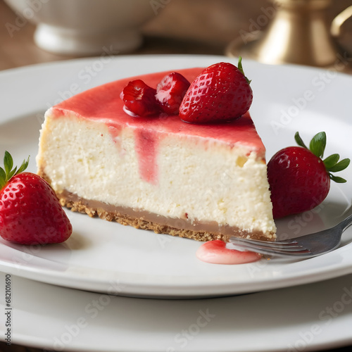 Sliced Gourmet Cheesecake with Fresh Strawberry Topping on Elegant White Plate  Perfect for Dessert Menu or Bakery Promotion  High-Quality Culinary Presentation