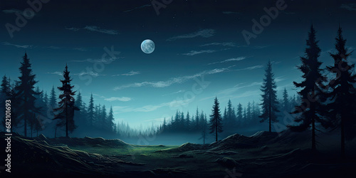 Moon light dark moody landscape background blue green colors, night time scene backdrop, generated ai photo