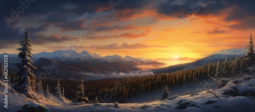 As winter settled over the landscape, the snow-covered trees sparkled in the fading light of the sun, painting an orange hue across the sky during the breathtaking sunset, while the clouds resembled a