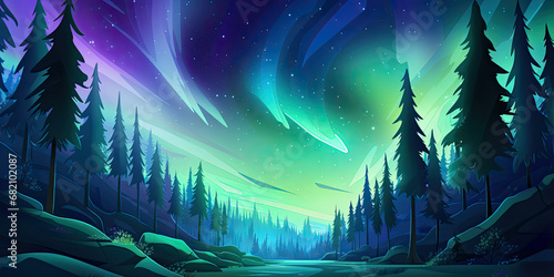 Anime cartoon style Northern lights aurora landscape background backdrop vibrant lights in the sky, generated ai © dan
