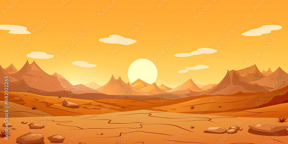 Naklejka premium Sunrise anime desert background landscape illustration sun sunshine empty space baron landscapes, generated ai