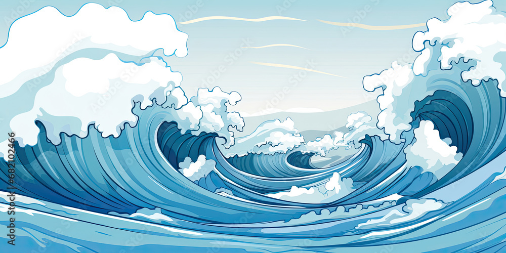 Cartoon anime ocean waves illustration graphic resource sea blue waters background, generated ai Cartoon anime ocean waves illustration graphic resource sea blue waters background, generated ai