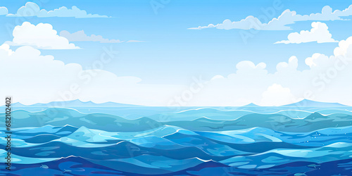 Cartoon anime style ocean sea graphic resource illustration calm waters blue skies background, generated ai