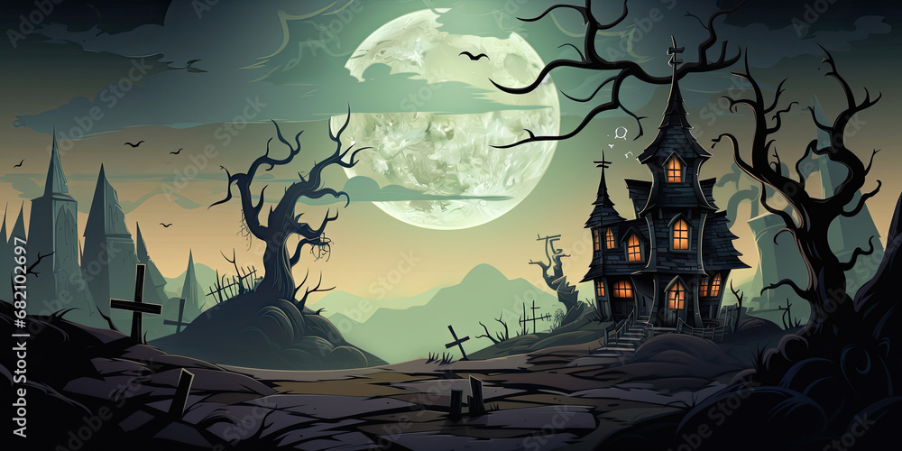 Cartoon style haunted house ghost mansion spooky scary illustration halloween style, generated ai