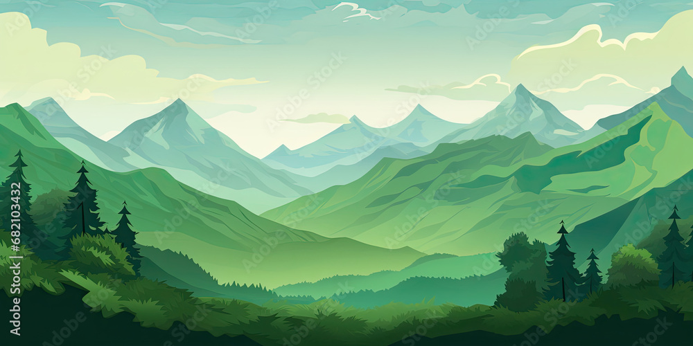 Fototapeta premium Beautiful scenic cartoon style landscape rolling hills mountains illustration background backdrop, generated ai