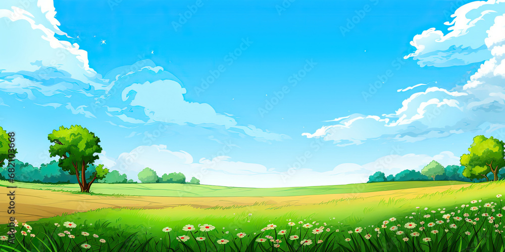 Beautiful fields mountains flowers background illustration flowery blooming vibrant landscape scene, generated ai
