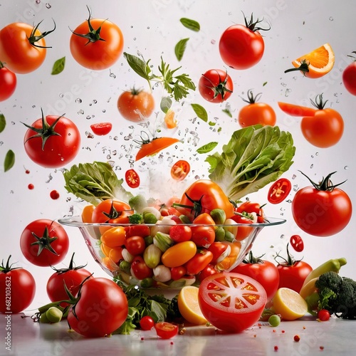 Fresh raw vegetables and fruits, dynamic bursting flying creative layout, with objects swirling in the air
