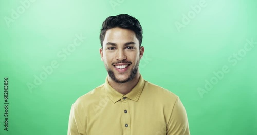 Green screen, man and shush for secret, quiet and silent for rumor, gossip and mystery in portrait. Male person, noise and finger for emoji, whisper and confidential in mockup, privacy and face photo