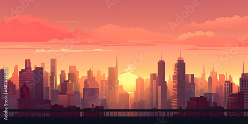 City skyline background illustration sunset gold hour light over cities urban skyscrapers backdrop, generated ai © dan
