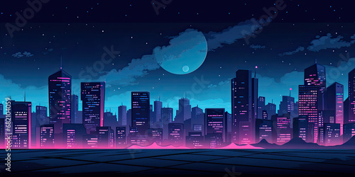 City skyline illustration wide panorama cityscape business background moon light urban scene  generated ai