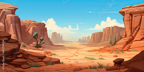 Canyon valley background illustration cartoon anime style wide desert canyons backdrop, generated ai