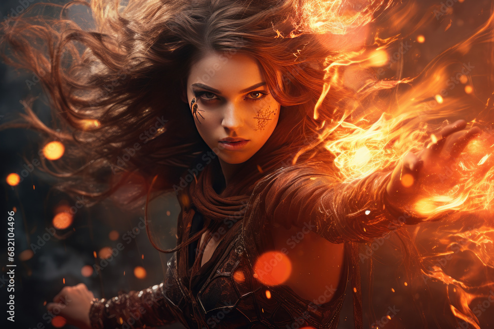 strong warrior woman fight with fire spell