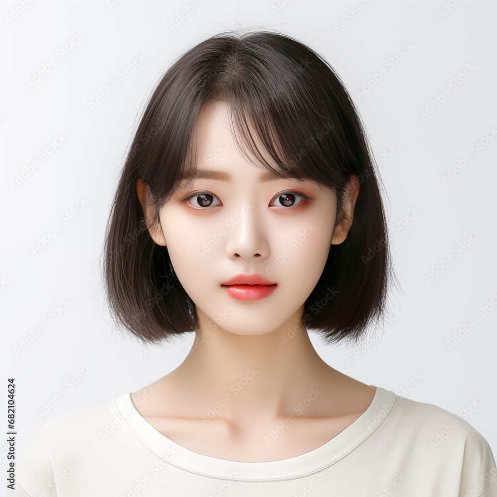 Portrait of beautiful Korean young woman with short hair on white background Portrait of beautiful Korean young woman with short hair on white background