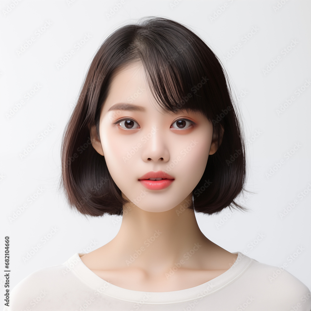 Portrait of beautiful Korean young woman with short hair on white background Portrait of beautiful Korean young woman with short hair on white background