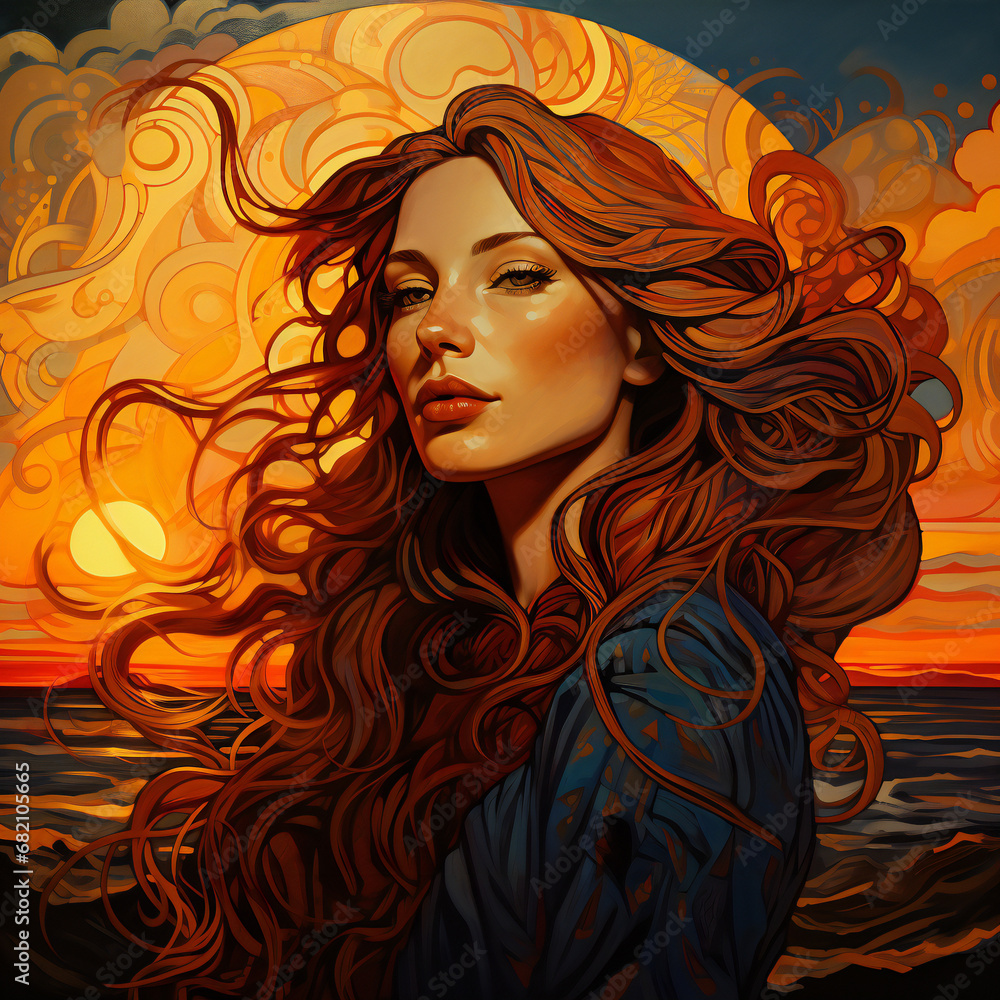 woman with hair, sunset woman with hair, sunset