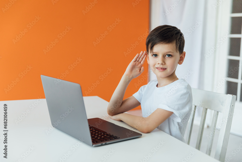 Little boy using laptop on background Little boy using laptop on background