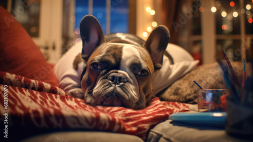 A french bulldog laying on a couch on new year's eve.