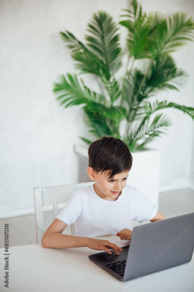 Smart Young Boy Works on a Laptop For His New Project in His Computer Science Class. Smart Young Boy Works on a Laptop For His New Project in His Computer Science Class.