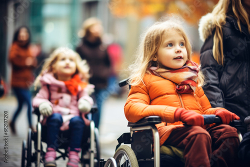 Young girl in wheelchair smiling in the street in front of crowds.