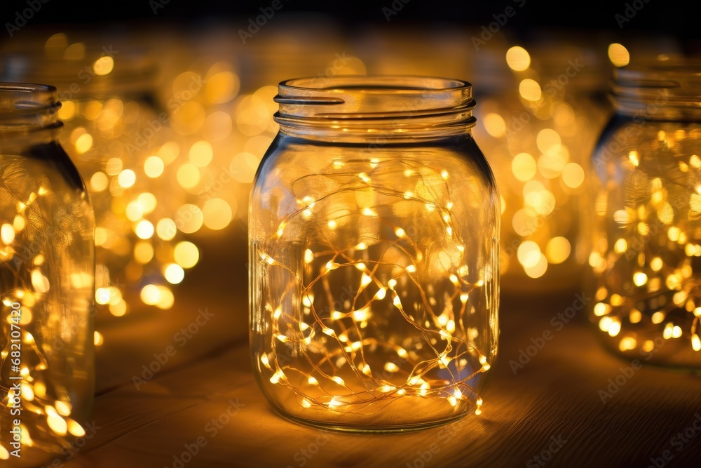 Fairy Lights in a Jar: Close-up of fairy lights arranged inside a mason jar, creating a warm and magical glow. Fairy Lights in a Jar: Close-up of fairy lights arranged inside a mason jar, creating a warm and magical glow.