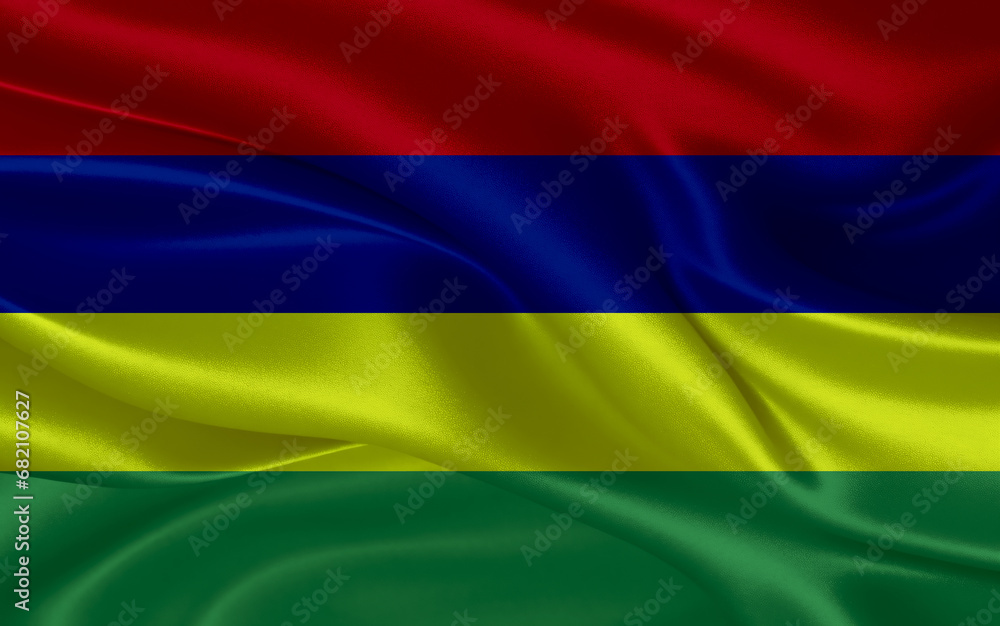 Obraz premium 3d waving realistic silk national flag of Mauritius. Happy national day Mauritius flag background. close up