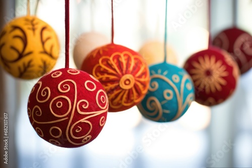 Felted Ornaments: Close-up of handmade felted Christmas ornaments with intricate designs. 