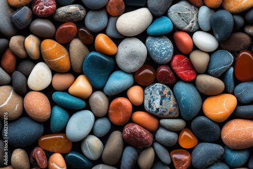 The close up detail abstract wallpaper of many smoothly colorful pebbles as a background. Generative AI.