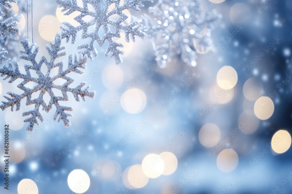 Snowflake Details: Close-up of delicate snowflake ornaments with bokeh lights in the background. Snowflake Details: Close-up of delicate snowflake ornaments with bokeh lights in the background.