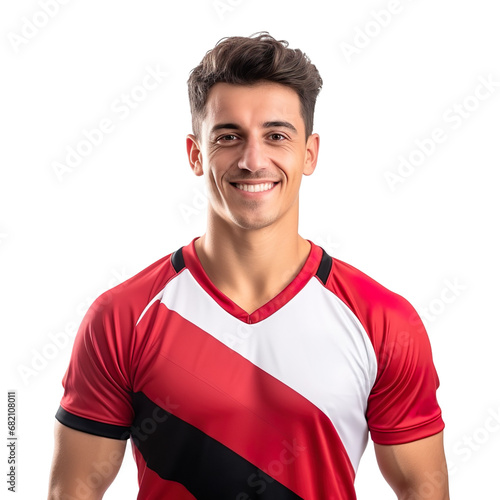 Front view of a half body shot of a handsome man with his jersey painted in the colors of the Albania flag only, smiling with excitement isolated on transparent background.