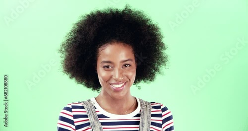 Green screen, woman and shush for secret, quiet and silent for rumor, gossip and mystery in portrait. Black person, face and finger for emoji, whisper and confidential in mockup, privacy and smile photo