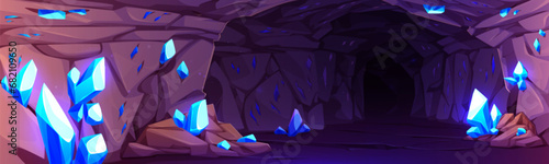 Crystal mine cave with treasure cartoon background. Fantasy underground drawing landscape illustration. Coal tunnel with jewel inside rock mountain. Fairy tale deep corridor environment wallpaper