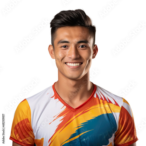 Front view of a half body shot of a handsome man with his jersey painted in the colors of the Bhutan flag only, smiling with excitement isolated on transparent background. photo