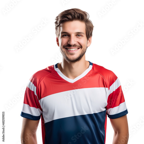 Front view of a half body shot of a handsome man with his jersey painted in the colors of the Georgia flag only, smiling with excitement isolated on transparent background. photo