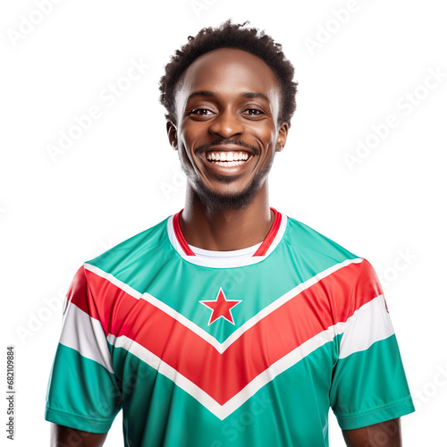 Front view of a half body shot of a handsome man with his jersey painted in the colors of the Burundi flag only, smiling with excitement isolated on transparent background. photo